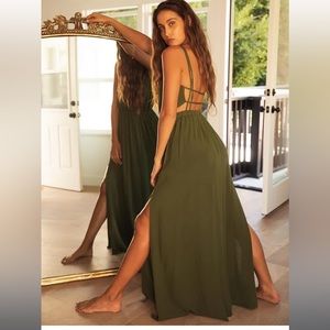 Lulus Lost in Paradise olive green Maxi dress in SMALL